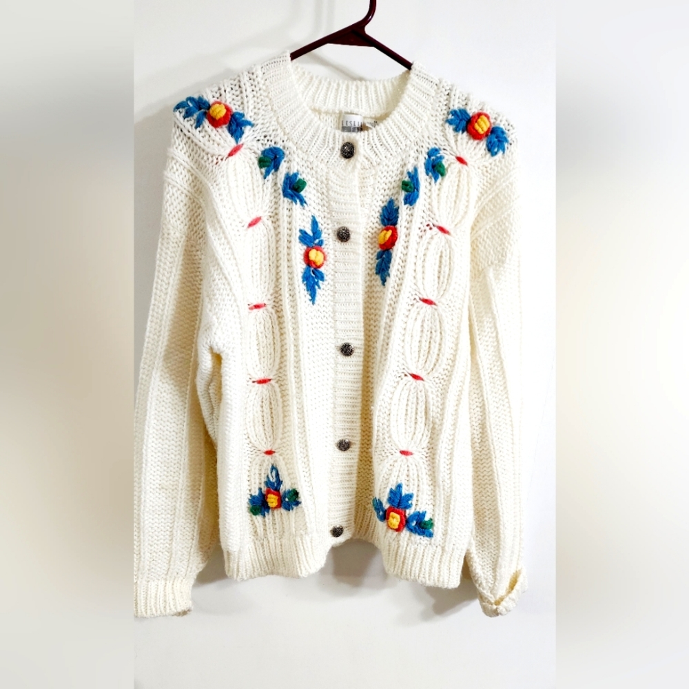 Vintage Leslie Faye Ivory Chunky Floral Cardigan - Picture 1 of 6
